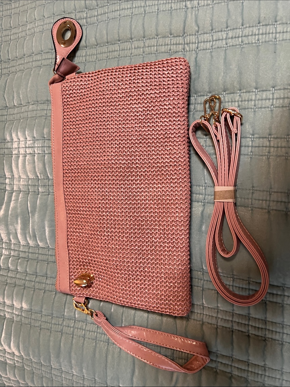 Woven Pink Crossbody Clutch Bag - Women's Shoulder Strap